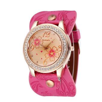 Luxury Women Rhinestone Flowers Sport Leather Bracelet Wrist Watch (Hot Pink)  