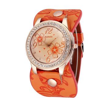 Luxury Women Rhinestone Flowers Sport Leather Bracelet Wrist Watch (Orange)  