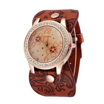 Luxury Women Rhinestone Flowers Sport Leather Bracelet Wrist Watch (Brown)  