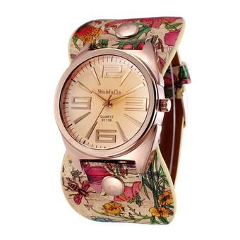 Luxury Women Rose Flowers Analog Sport Quartz Leather Wrist Watch (Red)  