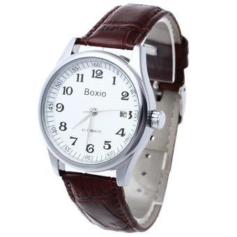 Men's Leather Automatic Mechanical Wrist Watch White Dial Calendar Sport Casual  