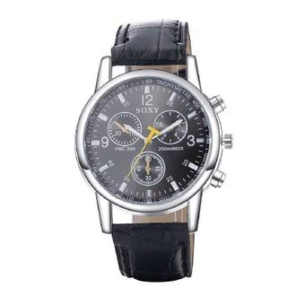 Men's PU Band Three Eyes Automatic Electric Wrist Watch Round Dial Casual Metal Stainless Steel Fashion Black(INTL)  