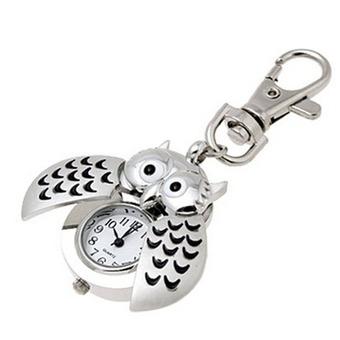 Mini Metal Key Ring owl double open Quartz Watch Clock- Silver  