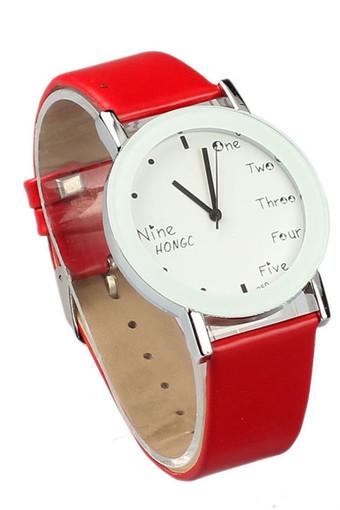 New Fashion Students PU Leather High-Quality Dail Quartz Watch Red  