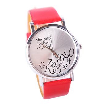 New Fashion Women's Men's Who Cares Faux Leather Arabic Numerals Wrist Watch (Red) (Intl)  