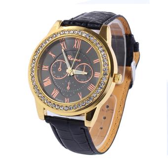 New Fshion Women Faux Leather Geneva Roman Numerals Analog Quartz Watch Black  