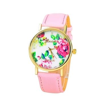 New Style Geneva Woman Analog Quartz Watch Flower Face Style Leather Band(Pink)  