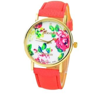 New Style Geneva Woman Analog Quartz Watch Flower Face Style Leather Band(Red)  