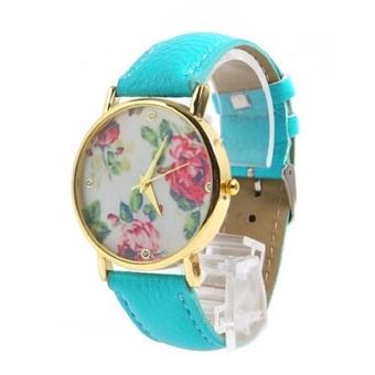 New Style Geneva Woman Analog Quartz Watch Flower Face Style Leather Band(Blue)  