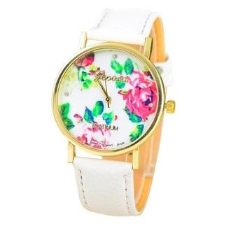 New Style Geneva Woman Analog Quartz Watch Flower Face Style Leather Band(White)  