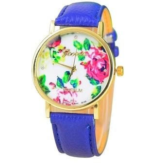 New Style Geneva Woman Analog Quartz Watch Flower Face Style Leather Band Dark Blue  