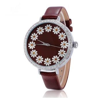 New Trendy Flower Big Dial Womens Fashion Watches Analog Quartz Watch Casual Leather Wristwatches Ladies Montre Femme (Brown) (Intl)  