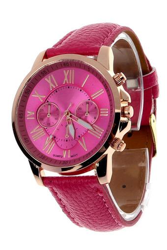 New Women's Fashion Roman Numerals Faux Leather Analog Quartz Wrist Watch Hot Pink Jam Tangan  