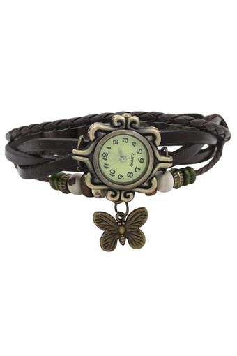 New Womens Artificial Leather Bracelet Butterfly Quartz Wrist Watch Brown  