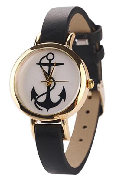 Norate Anchor Rose Gold Plated Faux Leather Wrist Watch black