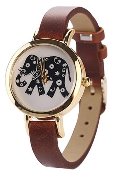 Norate Elephant Rose Gold Plated Faux Leather Wrist Watch Brown