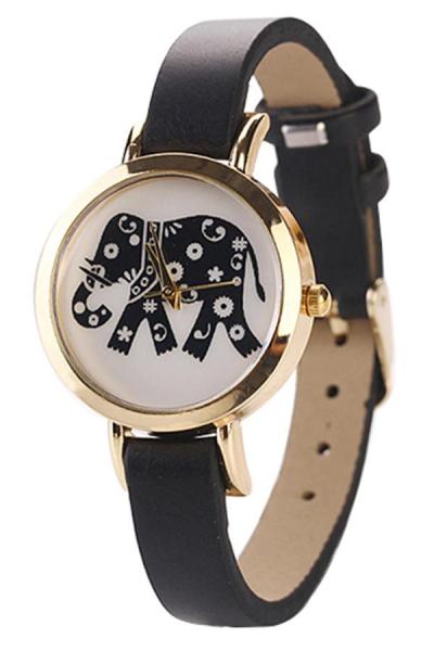 Norate Elephant Rose Gold Plated Faux Leather Wrist Watch black