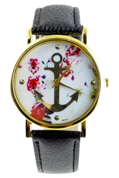 Norate Floral Anchor Watch - Jam Tangan Wanita - Hitam - Strap Leather