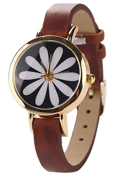 Norate Flower Rose Gold Plated Faux Leather Wrist Watch Brown