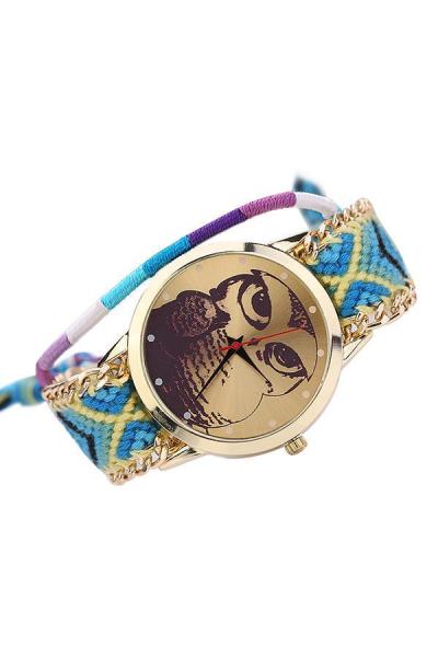 Norate Girl's Owl Alloy DIY Knit Quartz Wrist Watch Blue