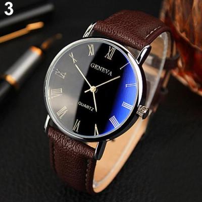 Norate Jam Tangan Pria - Roman Numerals Blu-Ray Faux Leather Band Brown Band & Black Dial