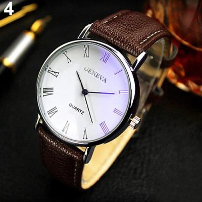 Norate Jam Tangan Pria - Roman Numerals Blu-Ray Faux Leather Band Brown Band & White Dial