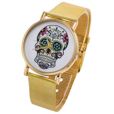 Norate Jam Tangan Pria - Skull Printed Golden Mesh Alloy Band Golden