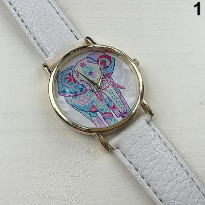 Norate Jam Tangan Wanita - Elephant Pattern Dial Faux Leather White