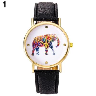 Norate Jam Tangan Wanita - Elephant Pattern Faux Leather Strap Black