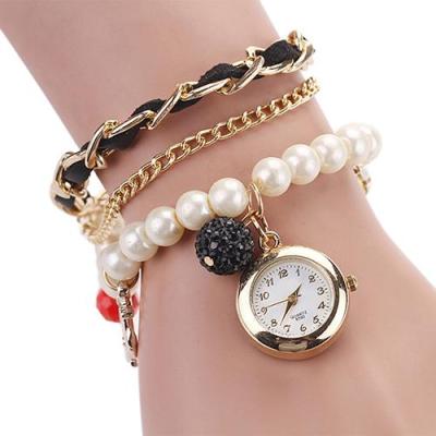 Norate Jam Tangan Wanita - Faux Leather Pearl Rhinestone Anchor Black