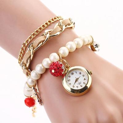 Norate Jam Tangan Wanita - Faux Leather Pearl Rhinestone Anchor Beige