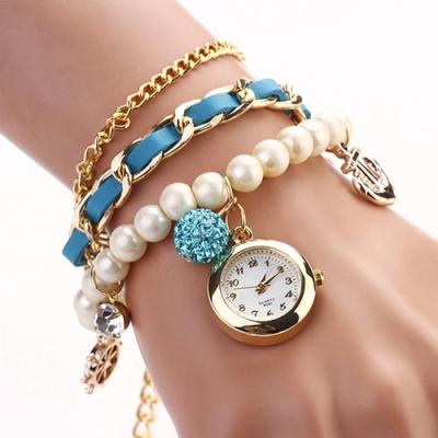 Norate Jam Tangan Wanita - Faux Leather Pearl Rhinestone Anchor Sky Blue