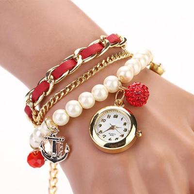 Norate Jam Tangan Wanita - Faux Leather Pearl Rhinestone Anchor Red