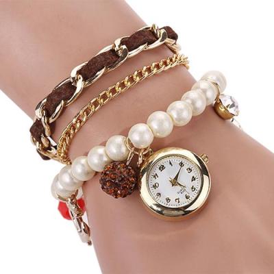 Norate Jam Tangan Wanita - Faux Leather Pearl Rhinestone Anchor Coffee