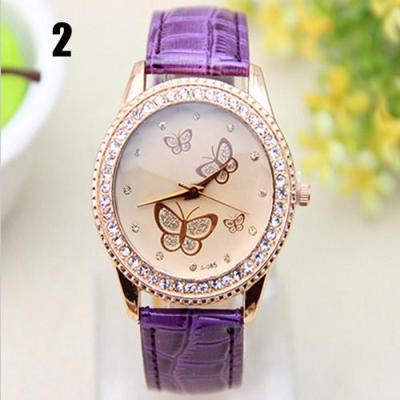 Norate Jam Tangan Wanita - Faux Leather Rhinestones Butterflies Purple