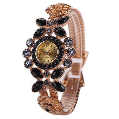 Norate Jam Tangan Wanita - Flower Style Shiny Rhinestone Wrist Watch Black