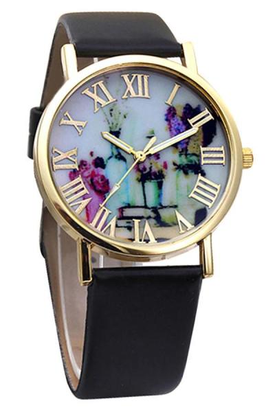 Norate Jam Tangan Wanita - Hitam - Strap Leather - Gold Tone Roman Numerals