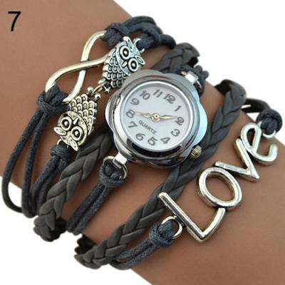 Norate Jam Tangan Wanita - Love Owl Faux Leather Bracelet Watch - Dark Grey