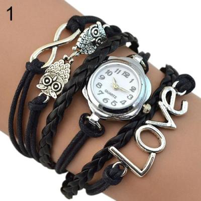 Norate Jam Tangan Wanita - Love Owl Faux Leather Bracelet Watch - Black