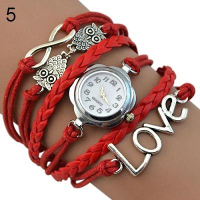 Norate Jam Tangan Wanita - Love Owl Faux Leather Bracelet Watch - Red