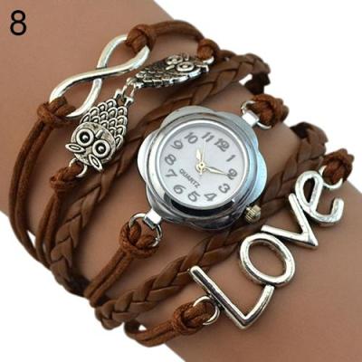 Norate Jam Tangan Wanita - Love Owl Faux Leather Bracelet Watch - Coffee