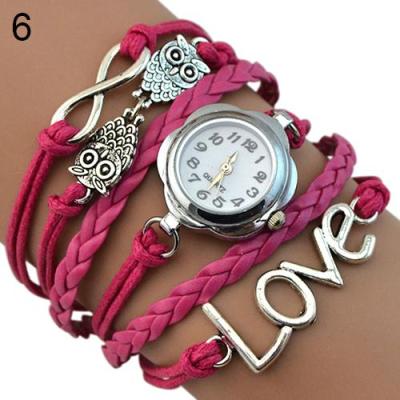 Norate Jam Tangan Wanita - Love Owl Faux Leather Bracelet Watch - Rose-Red