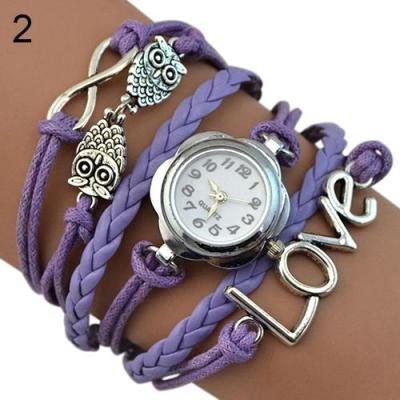 Norate Jam Tangan Wanita - Love Owl Faux Leather Bracelet Watch - Purple