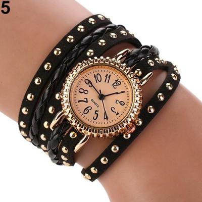 Norate Jam Tangan Wanita - Multilayer Rivet Braided Faux Leather Band Black