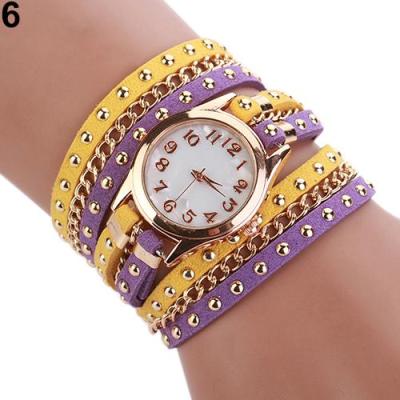 Norate Jam Tangan Wanita - Multilayer Rivet Faux Leather Band Purple+Yellow