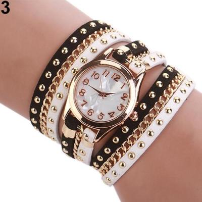 Norate Jam Tangan Wanita - Multilayer Rivet Faux Leather Band Black+White