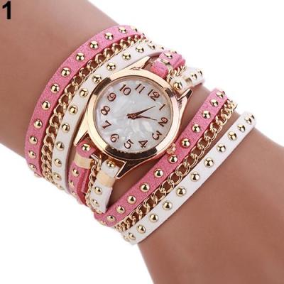 Norate Jam Tangan Wanita - Multilayer Rivet Faux Leather Band White-Pink