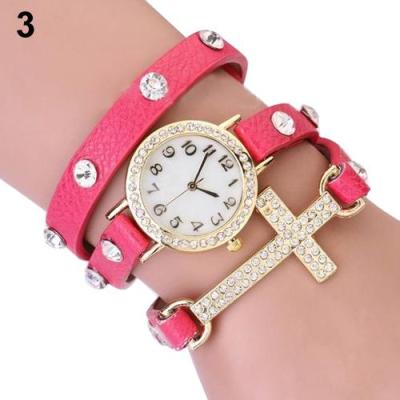 Norate Jam Tangan Wanita - Punk Cross Faux Leather Rose-Red