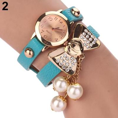 Norate Jam Tangan Wanita - Rhinestone Bowknot Faux Leather Wrist Watch Sky Blue