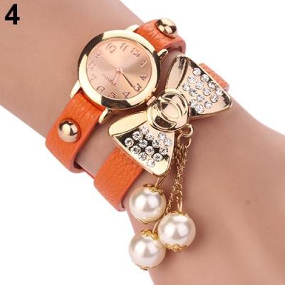 Norate Jam Tangan Wanita - Rhinestone Bowknot Faux Leather Wrist Watch Orange